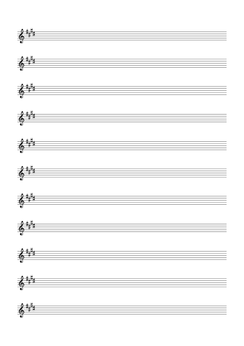 Treble Clef Blank Sheet Music – 4 Sharps Staff Paper
