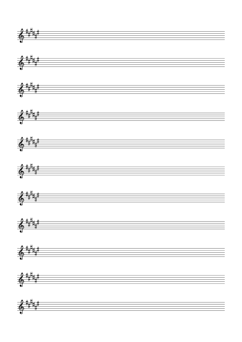 Treble Clef Blank Sheet Music – 6 Sharps Staff Paper
